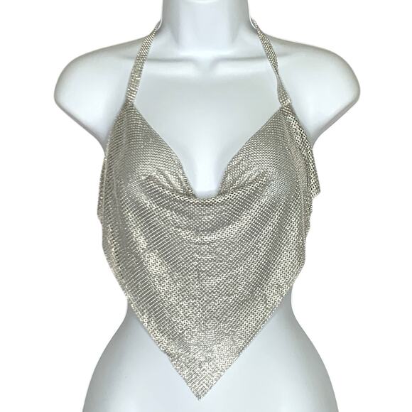 Unbranded Womens Cowl Neck Halter Top Silver Mesh Festival Party - Picture 1 of 7